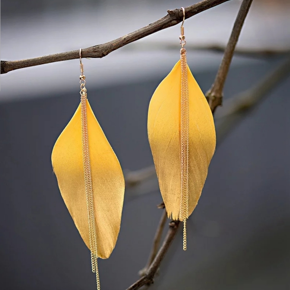 Exotic Feather Dipped in Gold Long Earrings